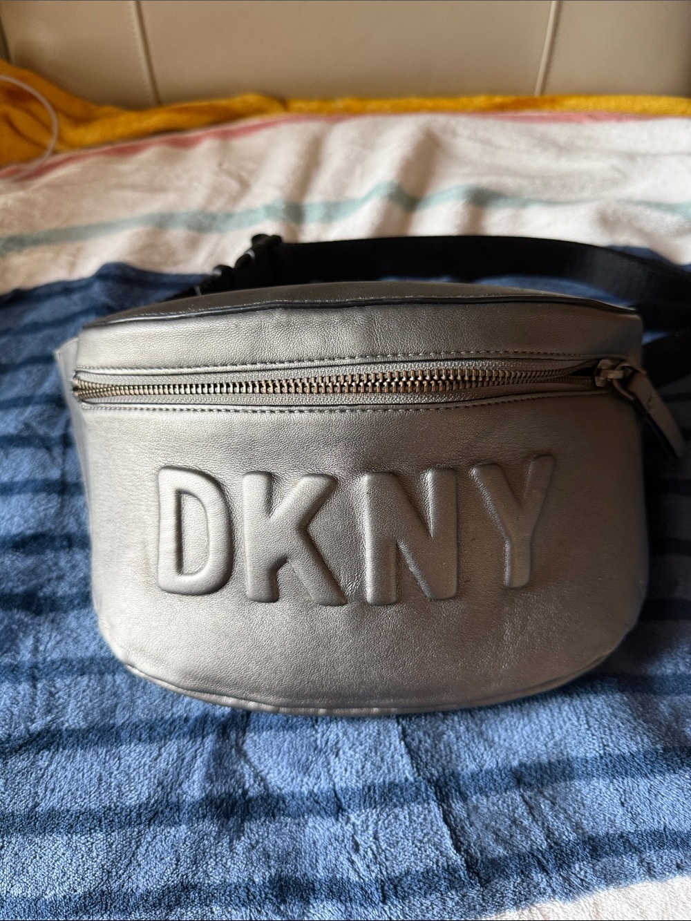 DKNY Metallic Silver Embossed Logo Belt Bag